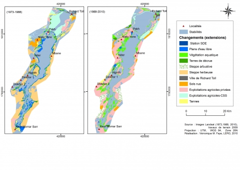 Figure 5. Changements de l’occupation du sol dans la zone du lac de Guiers avant- et après-barrage.