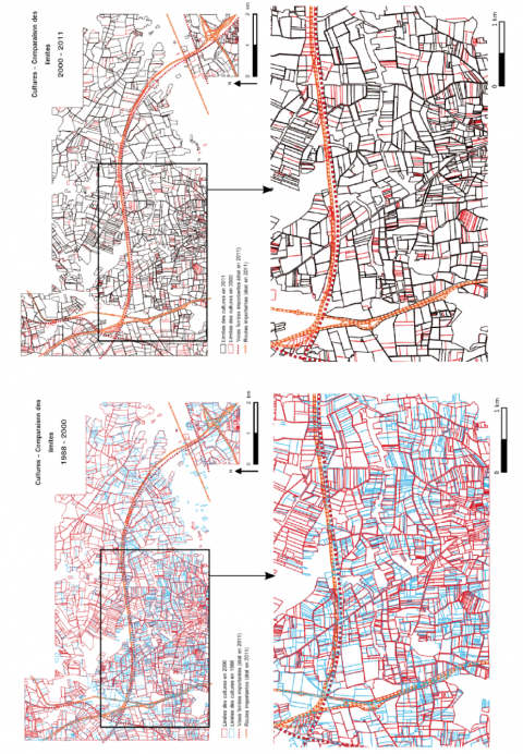 Figure 2. Évolution du parcellaire à la suite de la construction de la ligne LGV, puis de l’autoroute A432 de contournement de l’agglomération lyonnaise.