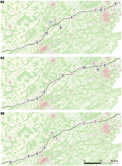 Figure 3. Localisation des 10 meilleurs liens à ajouter aux graphes paysagers des 3 profils d’espèces. (a) profil 1 ha-1 km; (b) profil 100 ha-10 km; (c) profil 1 000 ha-100 km.