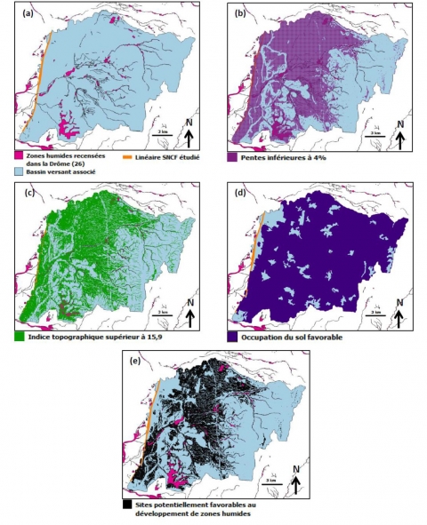 Figure 3. Caractéristiques des zones humides recensées : Bassin versant « test », son tronçon de voie SNCF associé et les zones humides recensées de la Drôme (a), Représentation des valeurs de pentes inférieures à 4 % (b), Représentation des valeurs de l’indice topographique supérieur à 15,9 (c), Représentation des sites où l’occupation du sol n’est pas défavorable au développement des zones humides (d), Carte du résultat final montrant les zones potentiellement favorables au développement des zones humides (e) / Parameters of identified wetland : « Test » watershed, section of the railway associated and identified wetlands of Drôme county (France) (a), Display of specific slope values lower than 4 % (b), Display of specific topographic index values higher than 15,9 (c), Display of areas where land use is not unfavourable for wetlands development (d), Final resulting map giving sites which are potentially favourable for wetland development (e).