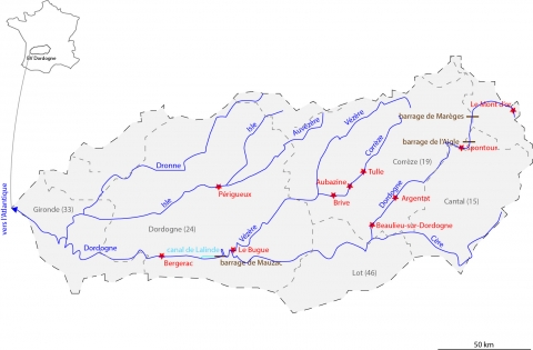 Figure 1. Carte du bassin versant de la Dordogne, avec les lieux cités dans l’article.