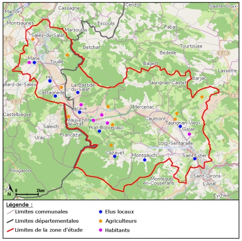 Figure 5. Localisation des acteurs locaux enquêtés en basse vallée du Salat / Location of local stakeholders interviewed in the Salat valley.