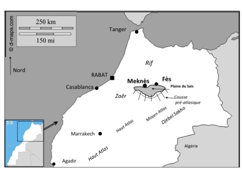 Figure 1. Localisation de la ville de Meknès et de la plaine du Saïs dans la partie centre nord du Maroc.