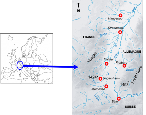 Figure 1. Localisation du Fossé Rhénan et des communes citées dans l’article / Location of the Rhine Graben and the municipalities quoted in the article.