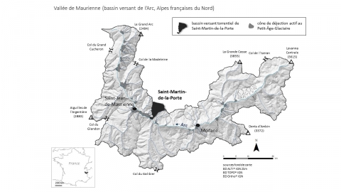 Figure 1. Carte de localisation du bassin versant de Saint-Martin en vallée de Maurienne (bassin versant de l’Arc) / Location map of the alpine arc (Arc watershed, Maurienne valley).