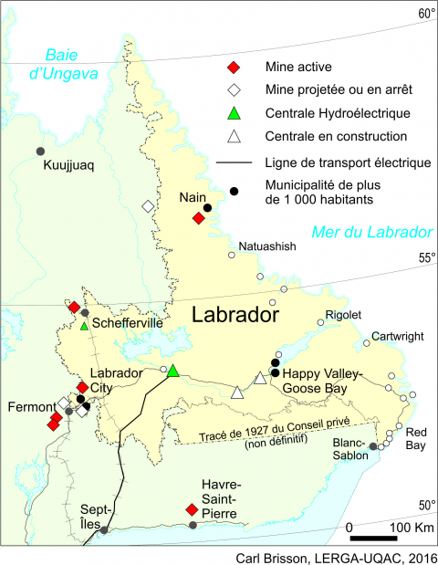 Figure 1. Le Labrador : collectivités, mines et centrales hydroélectriques.