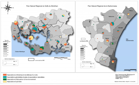 Figure 2. Types d’associations portes-paroles de l’environnement local dans le golfe du Morbihan et en Narbonnaise (2016) et taux de retraités par communes (2012).