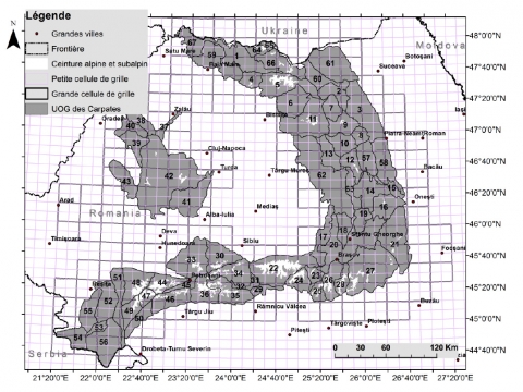 Figure 1. Les cellules de grille utilisées pour enregistrer la distribution des taxons de plantes à haute altitude dans les Carpates et la correspondance avec les régions de montagne (UOG - unités orographiques - géographiques) dans les Carpates Roumaines;