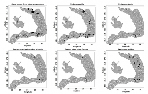 Figure 11. La répartition des espèces dominantes utilisées pour décrire la végétation des prairies primaires basiphiles de l’étage alpin et subalpin