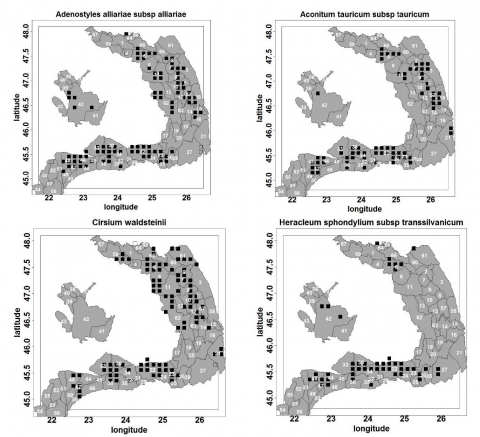 Figure 18. La distribution des espèces sélectionnées utilisées pour décrire la végétation des communautés hygrophiles l’étage alpin et subalpin.