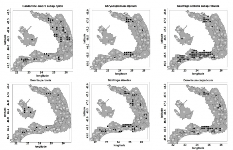 Figure 20. La répartition des espèces utilisées pour décrire la végétation des rivières de haute altitude et des communautés de sources de l’étage alpin et subalpin.