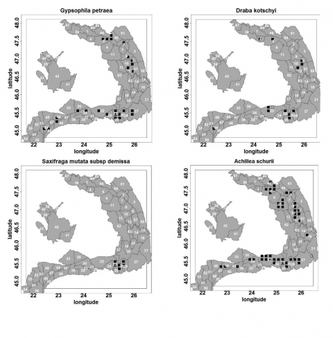 Figure 3. La distribution des espèces endémiques et Carpathique-Balkanique utilisées pour décrire la végétation des roches calcaires de l'alliance Gypsophilion petreae