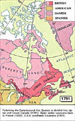 Map: Following the Constitutional Act, Quebec is divided into Upper and Lower Canada (1791). Spain cedes Louisiana back to France (1800). U.S.A. purchases Louisiana (1803)