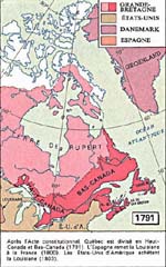 Map: Aprs l'acte constitutionnel, Qubec est divis en  Haute-Canada et Bas-Canada (1791). L'Espagne remet la Louisiane  la France (1800). Les tats-Unis d'Amrique achtent la Louisiane (1803)