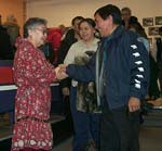 Photograph: Iqaluit mayor Jimmy Kilabuk congratulates Nunavut first commissioner Helen Maksagak at her swearing-in on March 31, 1999