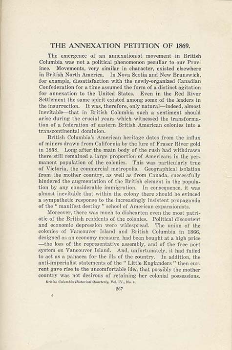 Document: Ireland, Willard E. The Annexation Petition of 1869. British Columbia Historical Quarterly, Vol. 4, No. 4 (October 1940), p. 267.