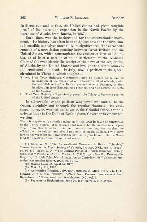 Document : Ireland, Willard E. « The Annexation Petition of 1869 ». British Columbia Historical Quarterly, vol. 4, no 4 (octobre 1940), p. 268.