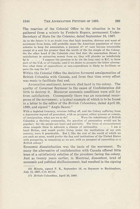 Document : Ireland, Willard E. « The Annexation Petition of 1869 ». British Columbia Historical Quarterly, vol. 4, no 4 (octobre 1940), p. 269.