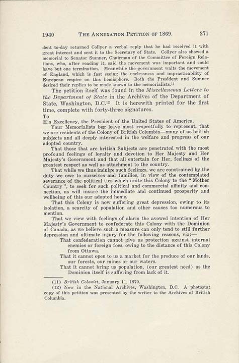 Document : Ireland, Willard E. « The Annexation Petition of 1869 ». British Columbia Historical Quarterly, vol. 4, no 4 (octobre 1940), p. 271.