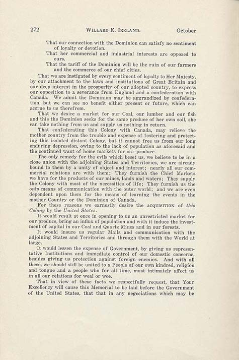 Document : Ireland, Willard E. « The Annexation Petition of 1869 ». British Columbia Historical Quarterly, vol. 4, no 4 (octobre 1940), p. 272.