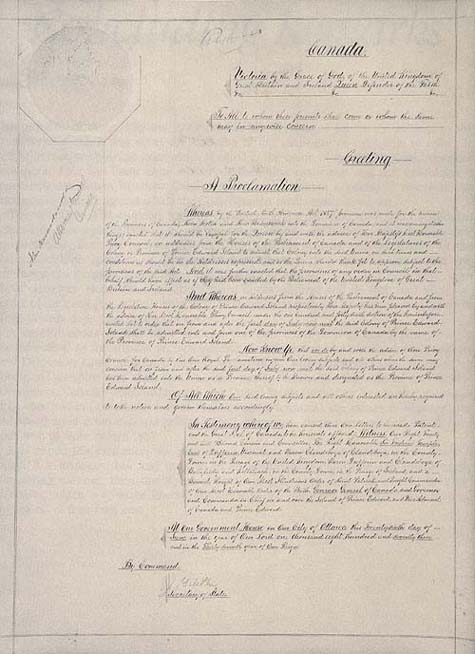 Document: Proclamation on the admission of the province of Prince Edward Island into Confederation. A Future Defined: Canada from 1849 to 1873. Ottawa: National Archives of Canada, 1993. P. 245.