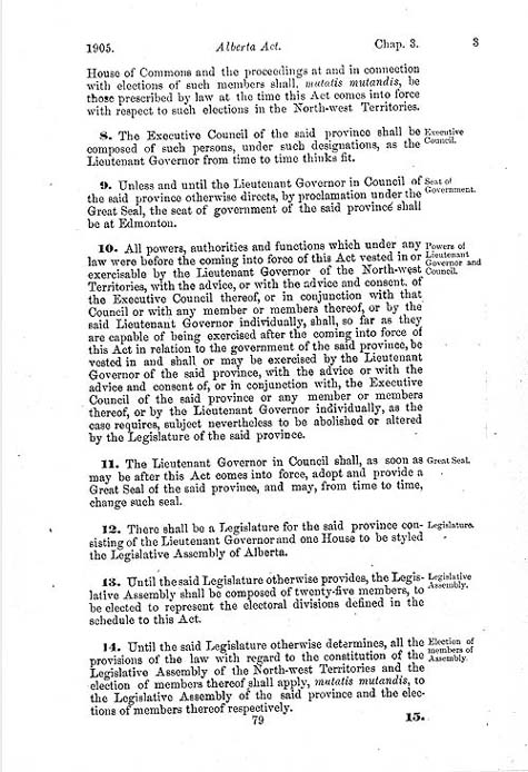 Document:  An Act to establish and provide for the government of the Province of Alberta  (short title: The Alberta Act), Statutes of Canada 1905, c. 3, p. 79.