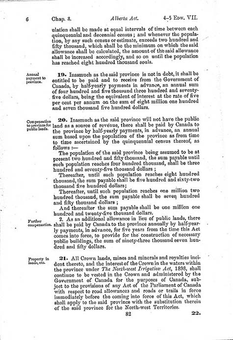 Document:  An Act to establish and provide for the government of the Province of Alberta  (short title: The Alberta Act), Statutes of Canada 1905, c. 3, p. 82.