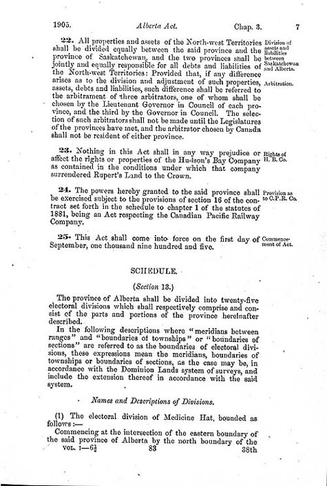 Document:  An Act to establish and provide for the government of the Province of Alberta  (short title: The Alberta Act), Statutes of Canada 1905, c. 3, p. 83.