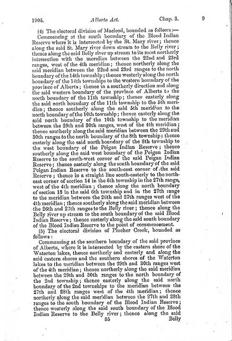 Document:  An Act to establish and provide for the government of the Province of Alberta  (short title: The Alberta Act), Statutes of Canada 1905, c. 3, p. 85.