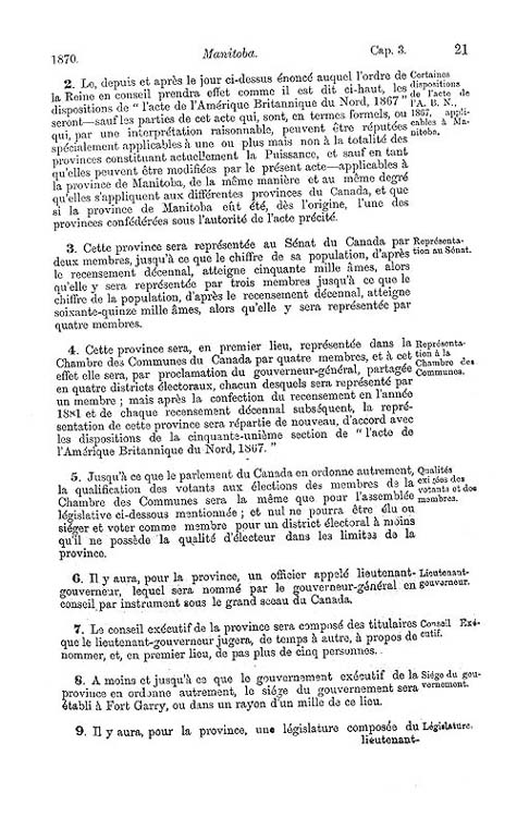 Document :  Acte pour amender et continuer l'acte trente-deux et trente-trois, chapitre  trois, et pour tablir et constituer le gouvernement de la  province de Manitoba , Statuts du Canada 1870, c. 3, p. 21., Statuts du Canada 1870, c. 3, p. 20.