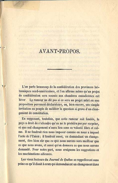 Document :  Cauchon, Joseph. tude sur l'union projete des provinces britanniques de l'Amrique du Nord. [Qubec : s.n.], 1858. Avant-propos.