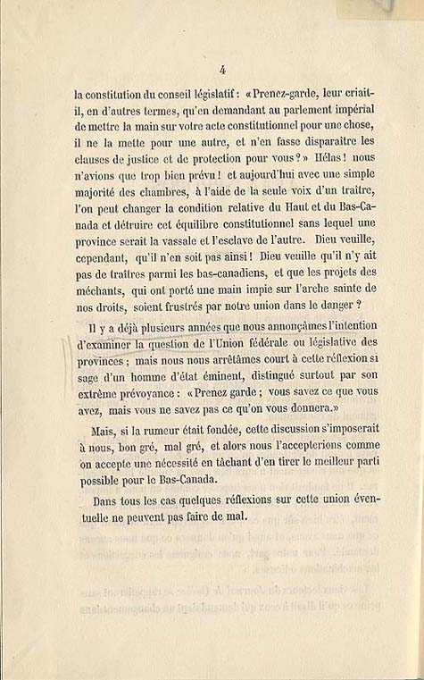 Document:  Cauchon, Joseph. tude sur l'union projete des provinces britanniques de l'Amrique du Nord. [Quebec : s.n.], 1858. P. 4.