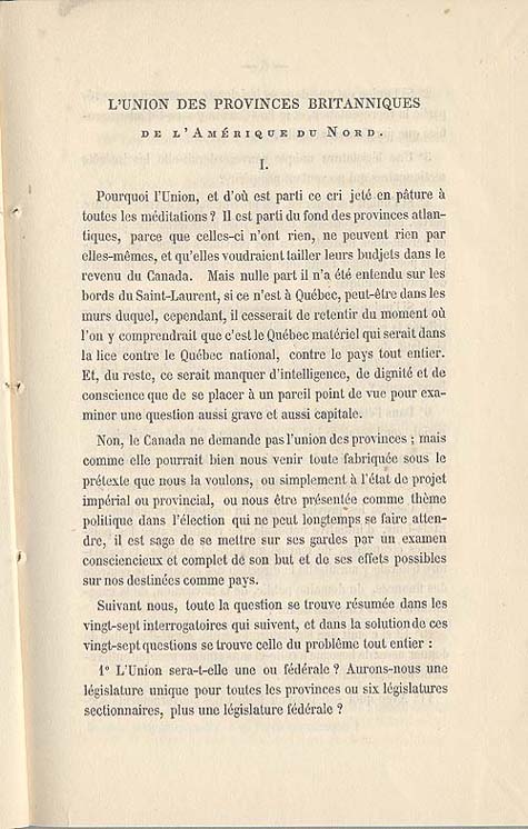 Document :  Cauchon, Joseph. tude sur l'union projete des provinces britanniques de l'Amrique du Nord. [Qubec : s.n.], 1858. p. 5.