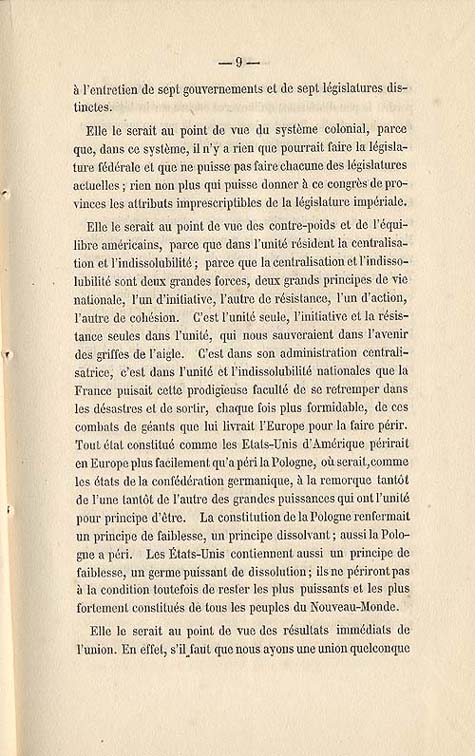 Document :  Cauchon, Joseph. tude sur l'union projete des provinces britanniques de l'Amrique du Nord. [Qubec : s.n.], 1858. p. 9.