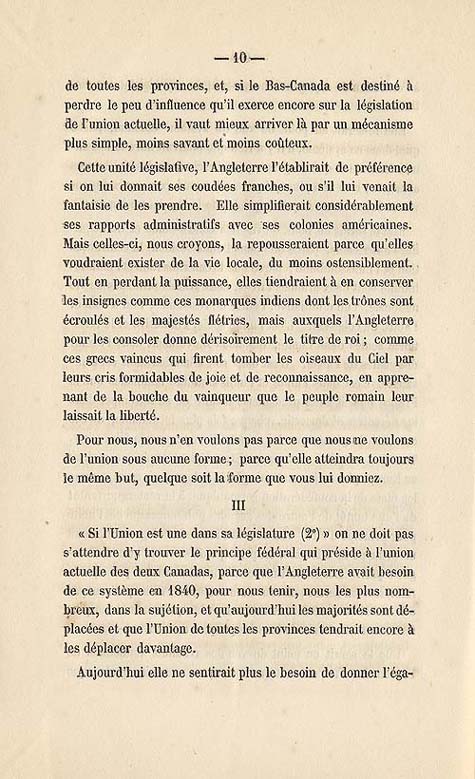 Document :  Cauchon, Joseph. tude sur l'union projete des provinces britanniques de l'Amrique du Nord. [Quebec : s.n.], 1858. P 10.