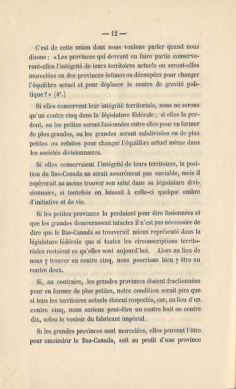 Document :  Cauchon, Joseph. tude sur l'union projete des provinces britanniques de l'Amrique du Nord. [Quebec : s.n.], 1858. P 12.