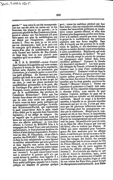 Document : Dbats parlementaires sur la question de la Confdration des provinces de l'Amrique britannique du nord. 3e session, 8e parlement. Quebec : Hunter, Rose et Lemieux, 1865. P. 858.