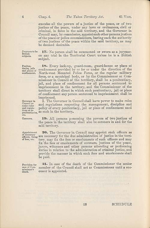 Document: "An Act to provide for the Government of the Yukon District"  (short title: The Yukon Territory Act), Statutes of Canada 1898 (v.I-II), c. 6, p. 58.