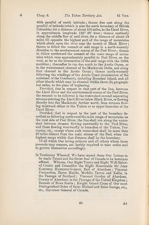 Document: "An Act to provide for the Government of the Yukon District"  (short title: The Yukon Territory Act), Statutes of Canada 1898 (v.I-II), c. 6, p. 60.