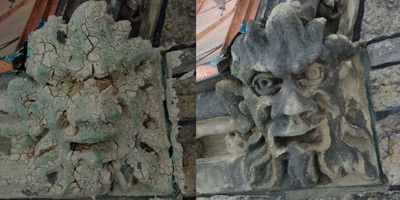 A before-and-after photo of a stone carving that has been cleaned