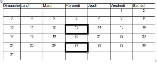 Cette image démontre le calendrier pour le mois de mars 2013. La ligne du haut démontre chaque jour de la semaine tandis que les lignes suivantes démontrent les dates actuelles sous chaque jour de la semaine. Les dates en caractères gras représentent un jour de paye.