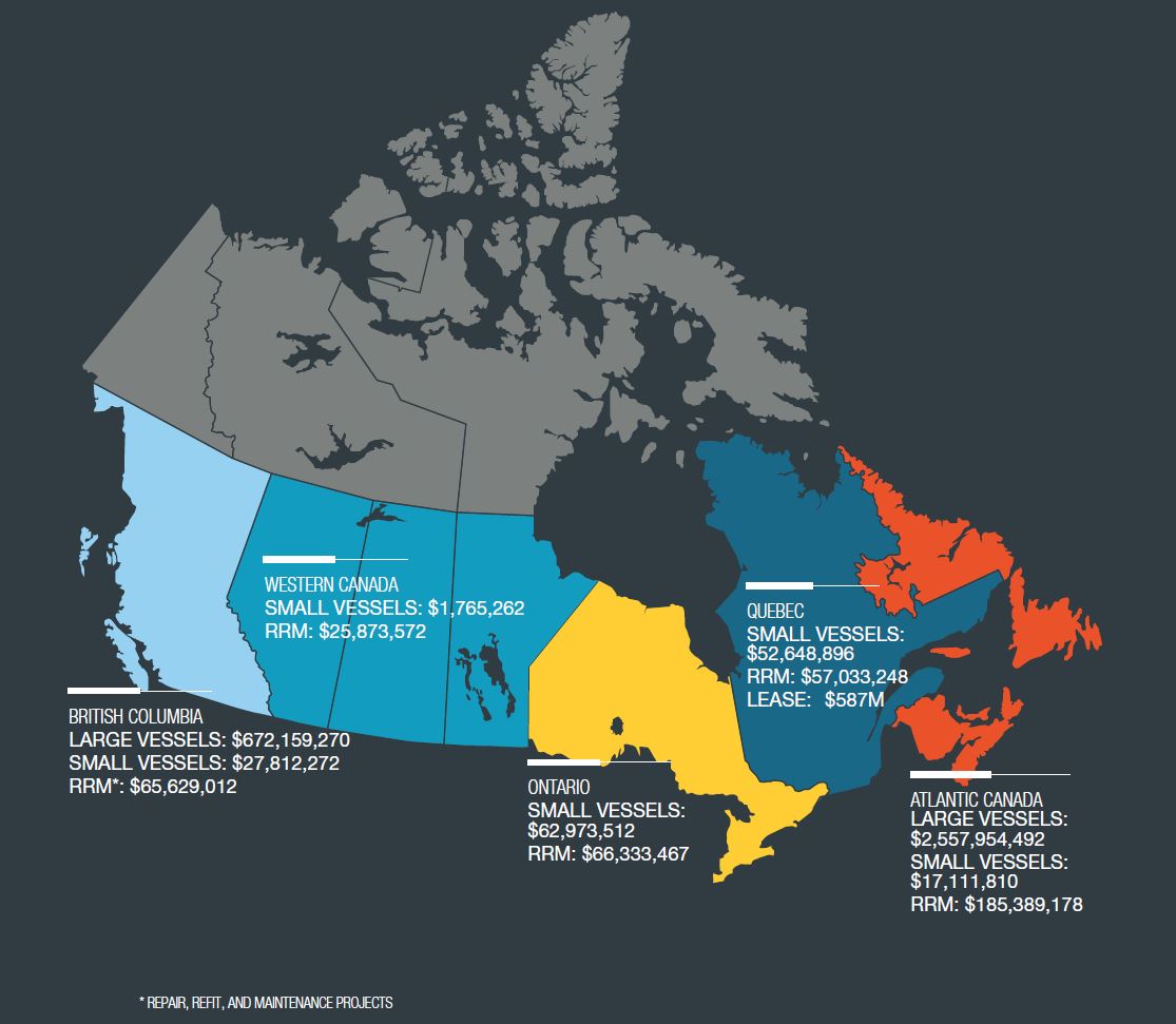 Geographic distribution of contracts awarded by the government to the Canadian marine industry - Description below