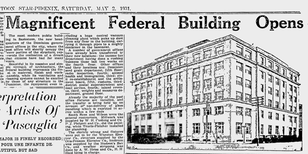 Coupure du numéro du samedi 2 mai 1931 du journal Saskatoon Star-Phoenix, qui montre une esquisse de l’édifice fédéral de Saskatoon.