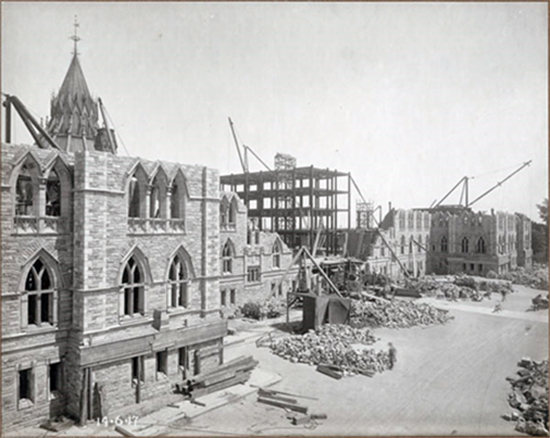 A historical black and white photo of the Centre Block being built.