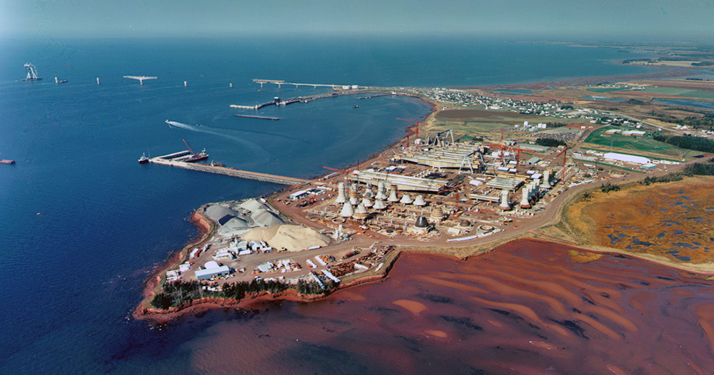 Aerial photo of the bridge fabrication yard in Borden-Carleton, Prince Edward Island