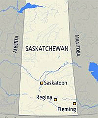A map of Saskatchewan shows the town of Fleming in the southeast corner of the province.
