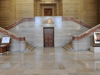 The Grand Entrance Hall of the Supreme Court of Canada Building with 2 staircases leading up from the entrance hall to the Main Courtroom