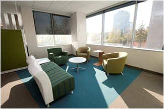 Modern furniture with soft seating for informal meetings placed near windows and away from offices, Gatineau, QC