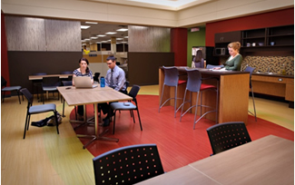Employees using the kitchenette as collaborative space, Kanata, ON