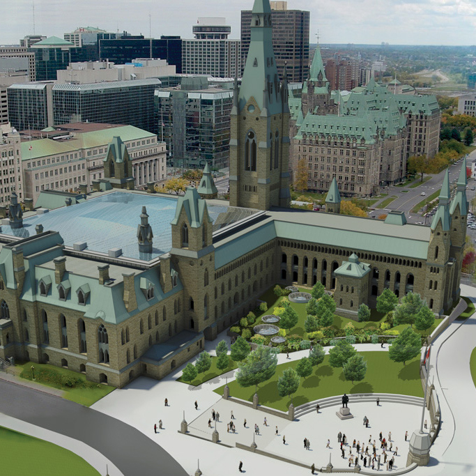 View enlarged image of an artist's rendering of the redesigned West Block building and courtyard infill roof